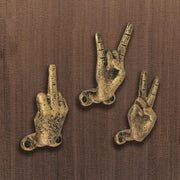 Gold - Image 4 - 3 Gold Cast Iron Hand Gesture Decorative Wall Hooks, 4 Inches High - Peace Sign, Rock On, and Finger