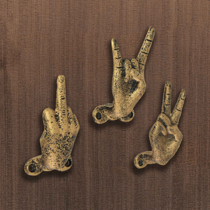 Gold - Image 4 - 3 Gold Cast Iron Hand Gesture Decorative Wall Hooks, 4 Inches High - Peace Sign, Rock On, and Finger