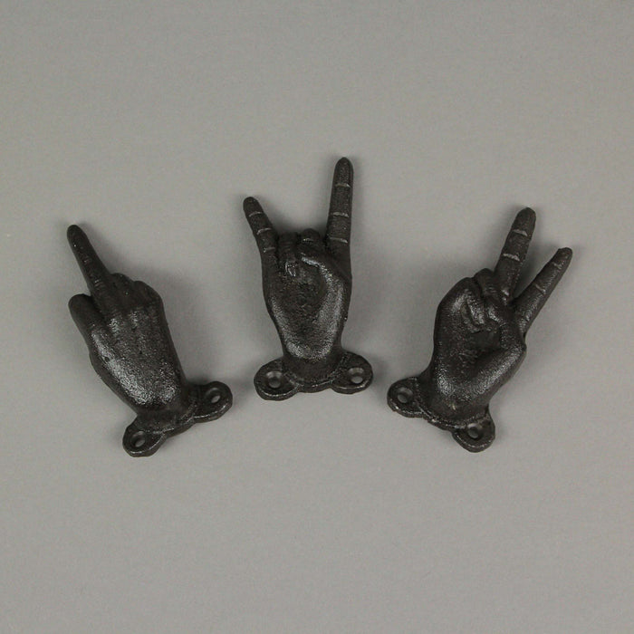 Brown - Image 4 - Set of 3 Brown Cast Iron Hand Gesture Wall Hooks: Quirky and Fun Key or Towel Hangers Standing at 4 Inches