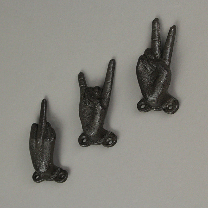 Set of 3 Cast Iron Hand Gesture Decorative Wall Hooks — Zeckos