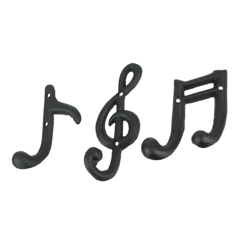 Harmonious Melodies - Set of 3 Black Finish Cast Iron Musical Note Wall Hooks for Decorative Music Room Ensemble - 6 Inches