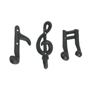 Harmonious Melodies - Set of 3 Black Finish Cast Iron Musical Note Wall Hooks for Decorative Music Room Ensemble - 6 Inches