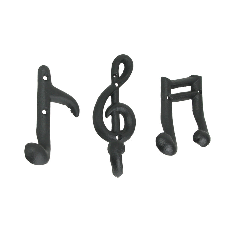 Harmonious Melodies - Set of 3 Black Finish Cast Iron Musical Note Wall Hooks for Decorative Music Room Ensemble - 6 Inches