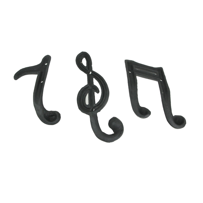 Harmonious Melodies - Set of 3 Black Finish Cast Iron Musical Note Wall Hooks for Decorative Music Room Ensemble - 6 Inches