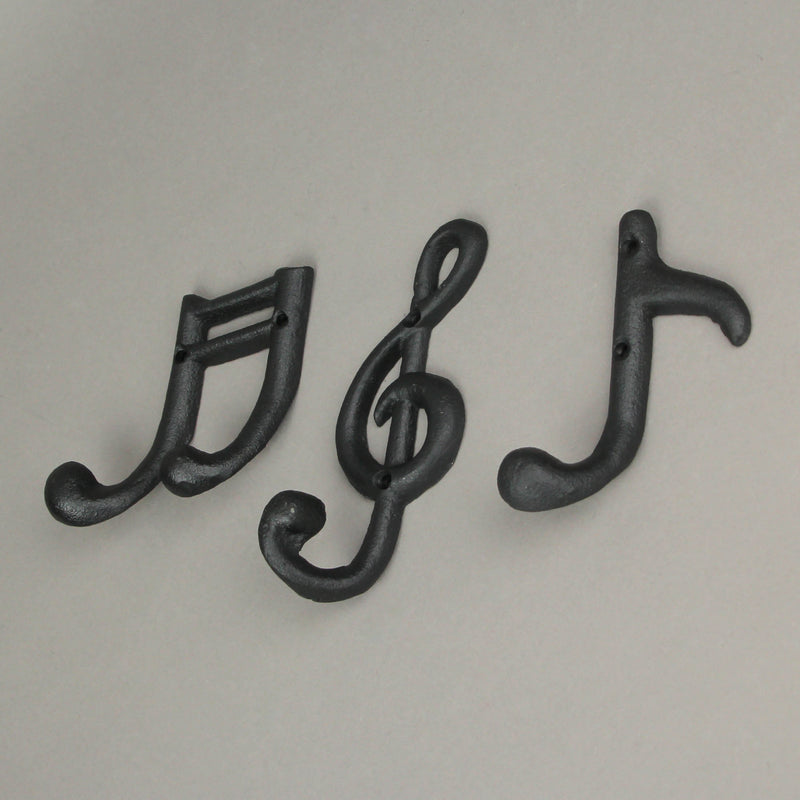 Harmonious Melodies - Set of 3 Black Finish Cast Iron Musical Note Wall Hooks for Decorative Music Room Ensemble - 6 Inches