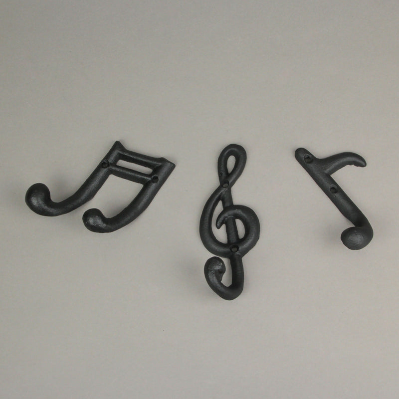 Harmonious Melodies - Set of 3 Black Finish Cast Iron Musical Note Wall Hooks for Decorative Music Room Ensemble - 6 Inches