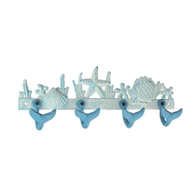 Blue And White Cast Iron Whale Tail Decorative Wall Hook Nautical Décor Sea Life Hanging Rack -15.5 Inches Long - Easy