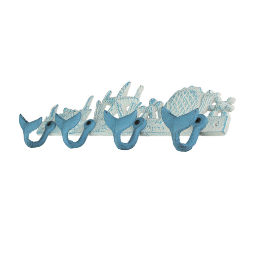 Blue And White Cast Iron Whale Tail Decorative Wall Hook Nautical Décor Sea Life Hanging Rack -15.5 Inches Long - Easy