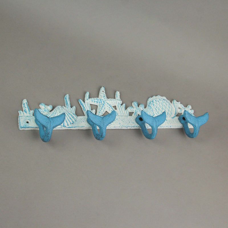 Blue And White Cast Iron Whale Tail Decorative Wall Hook Nautical Décor Sea Life Hanging Rack -15.5 Inches Long - Easy