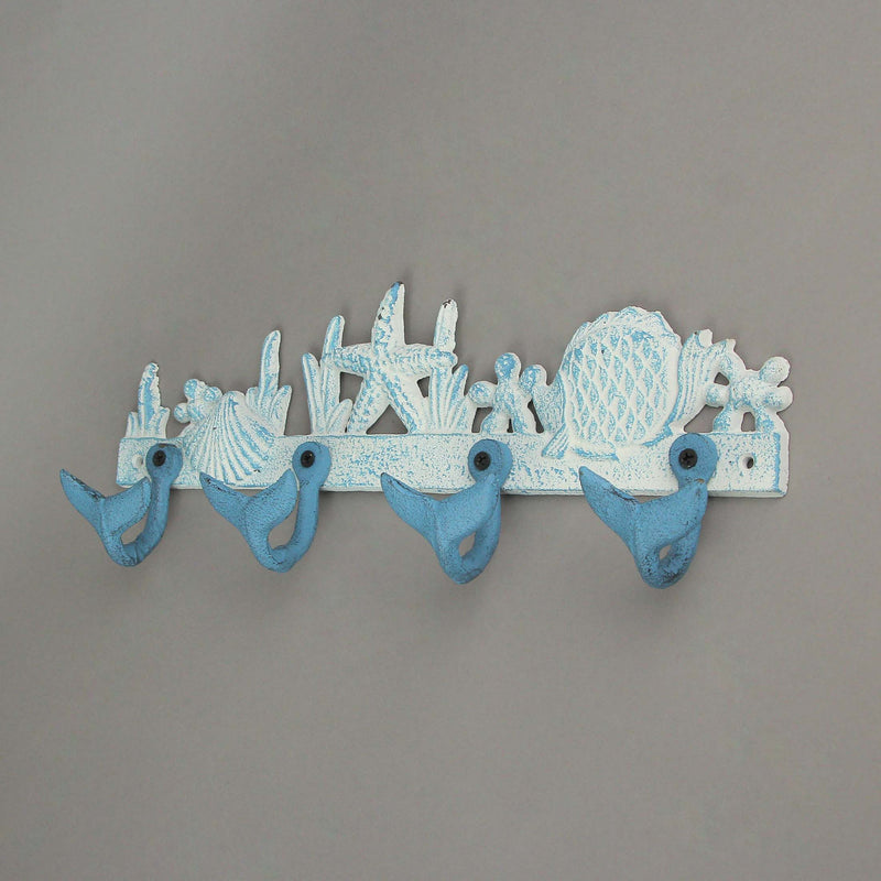 Blue And White Cast Iron Whale Tail Decorative Wall Hook Nautical Décor Sea Life Hanging Rack -15.5 Inches Long - Easy