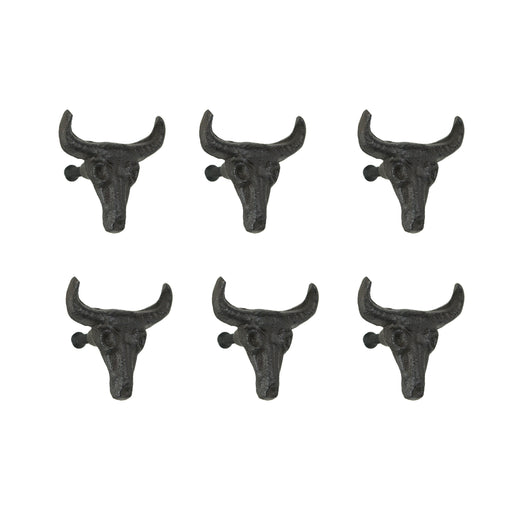 Set of 6 Rustic Brown Cast Iron Steer Skull Drawer Pulls - Western Home Decor Cabinet Knobs - 2 Inches High - Easy Install -