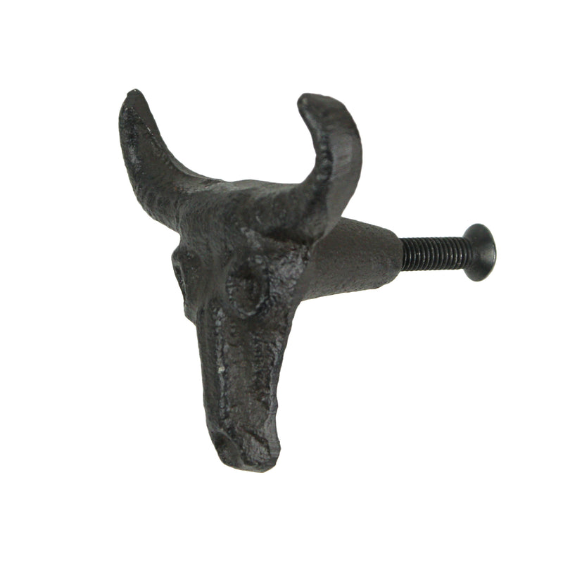 Set of 6 Rustic Brown Cast Iron Steer Skull Drawer Pulls - Western Home Decor Cabinet Knobs - 2 Inches High - Easy Install -