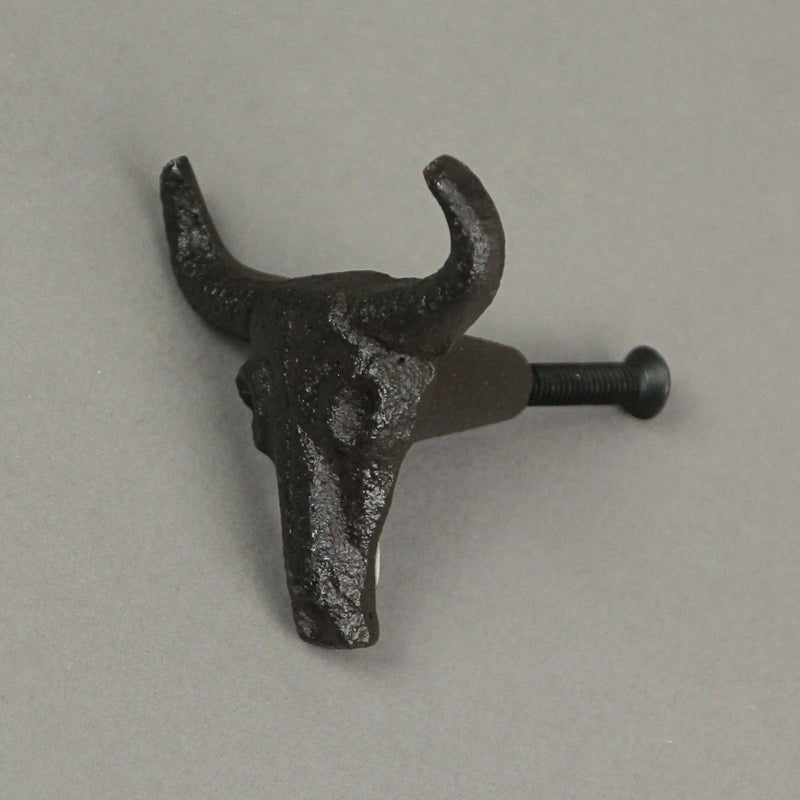 Set of 6 Rustic Brown Cast Iron Steer Skull Drawer Pulls - Western Home Decor Cabinet Knobs - 2 Inches High - Easy Install -