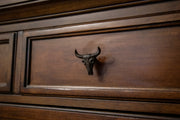 Set of 6 Rustic Brown Cast Iron Steer Skull Drawer Pulls - Western Home Decor Cabinet Knobs - 2 Inches High - Easy Install -