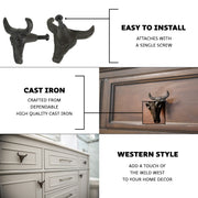 Set of 6 Rustic Brown Cast Iron Steer Skull Drawer Pulls - Western Home Decor Cabinet Knobs - 2 Inches High - Easy Install -