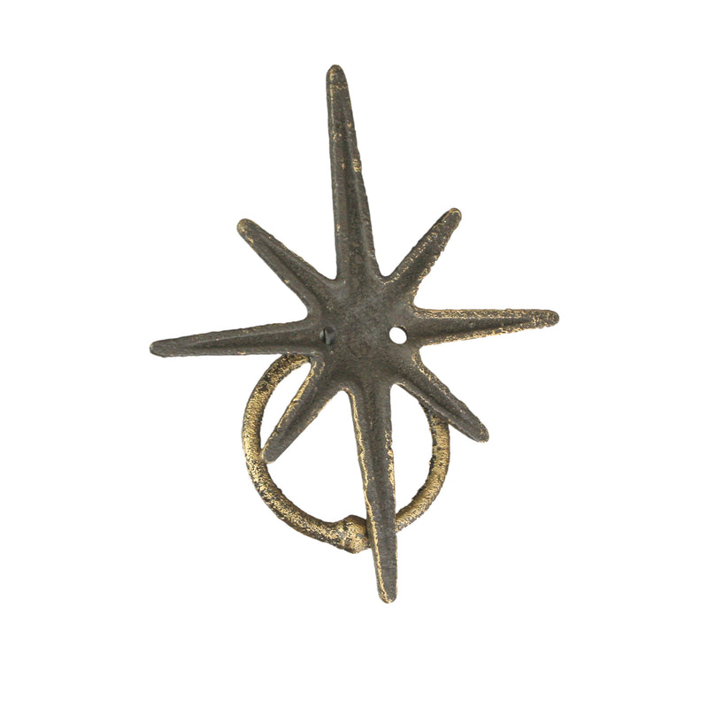 Zeckos Timeless Splendor - Antique Gold Cast Iron Decorative Starburst Door Knocker - Rustic Celestial Elegance to Give Your