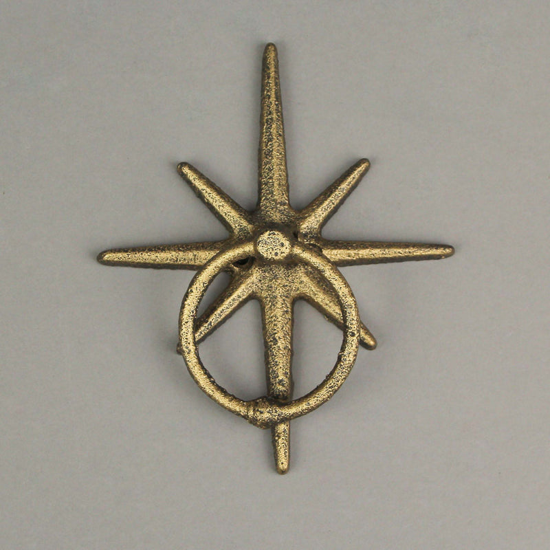 Zeckos Timeless Splendor - Antique Gold Cast Iron Decorative Starburst Door Knocker - Rustic Celestial Elegance to Give Your