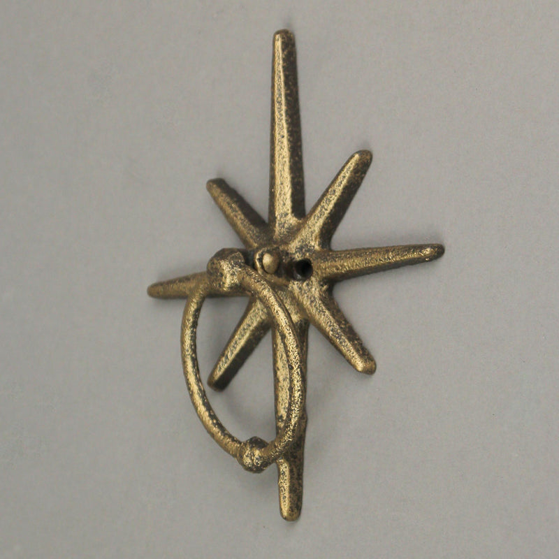 Zeckos Timeless Splendor - Antique Gold Cast Iron Decorative Starburst Door Knocker - Rustic Celestial Elegance to Give Your