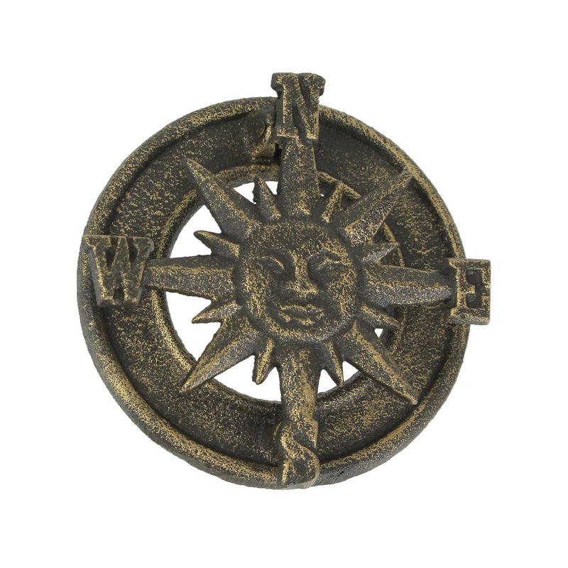 Zeckos Rustic Bronze Finish Cast Iron Nautical Compass Rose Front Door Knocker - Decorative Sun Face Design for Charming Home