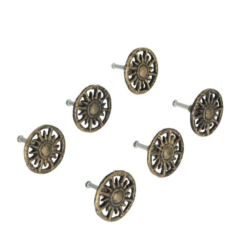 Set of 6 Antique Gold Finish Sun Cast Iron Drawer Pulls - Decorative Cabinet Knobs for Unique Home Decor - 2 Inch Diameter -
