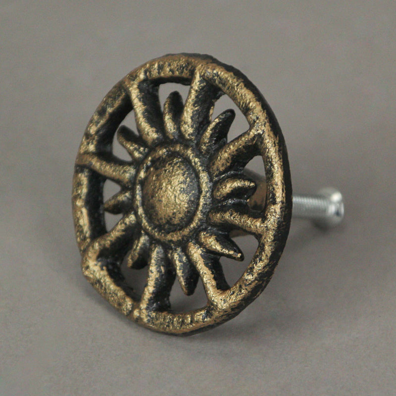 Set of 6 Antique Gold Finish Sun Cast Iron Drawer Pulls - Decorative Cabinet Knobs for Unique Home Decor - 2 Inch Diameter -
