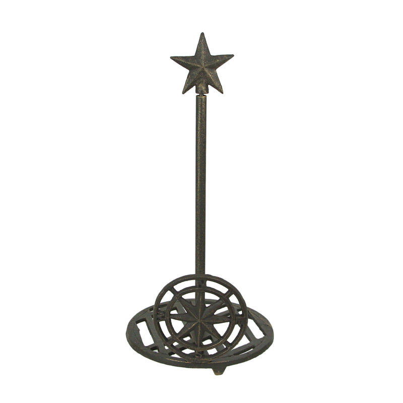 Rustic Brown Finish Cast Iron Nautical Compass Rose Countertop Paper Towel Holder with Star Finial  - Coastal Themed Kitchen