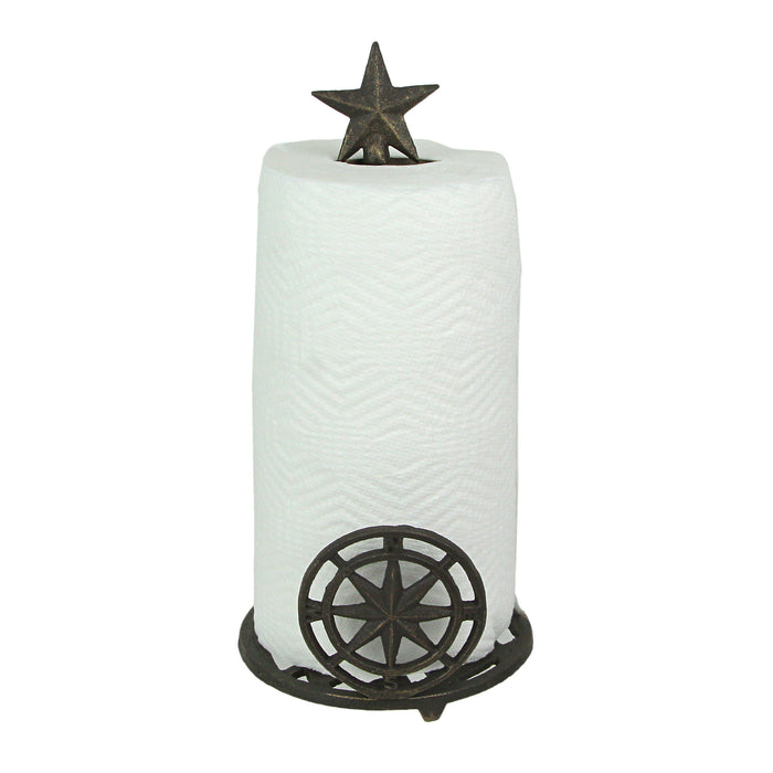 Rustic Brown Finish Cast Iron Nautical Compass Rose Countertop Paper Towel Holder with Star Finial  - Coastal Themed Kitchen