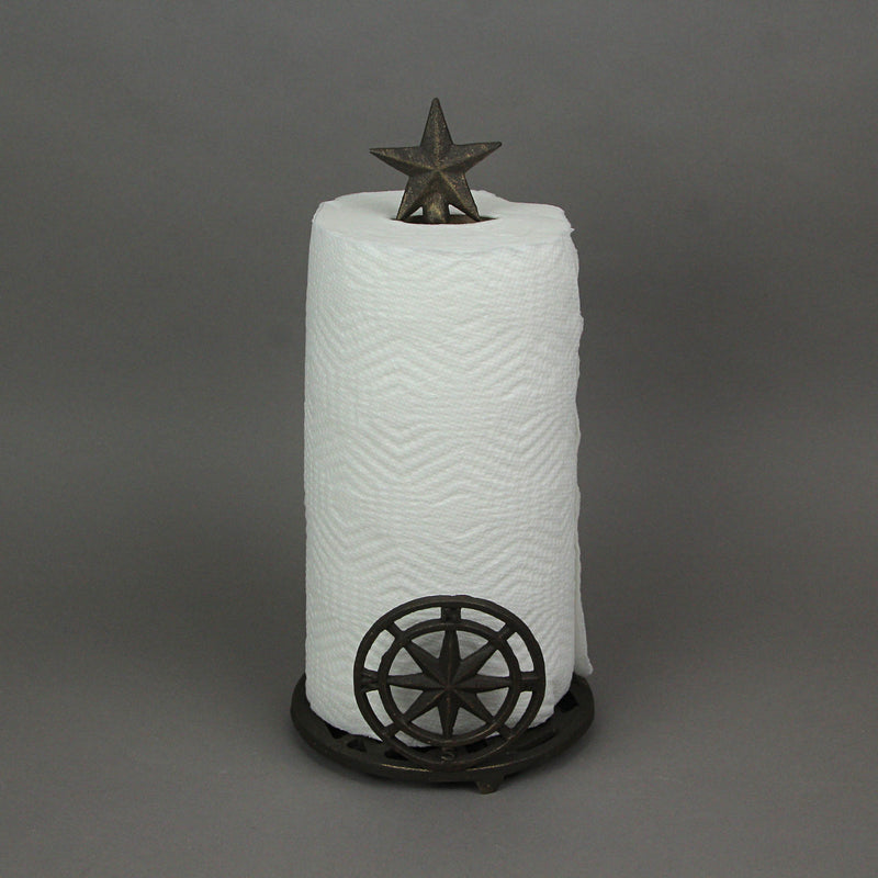 Rustic Brown Finish Cast Iron Nautical Compass Rose Countertop Paper Towel Holder with Star Finial  - Coastal Themed Kitchen