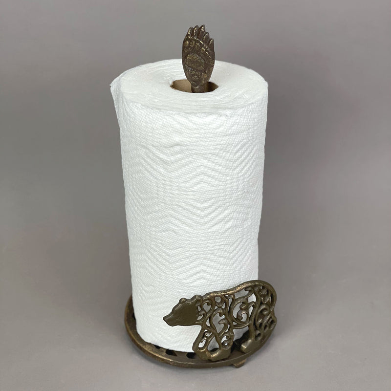 Bear-Themed Rustic Cast Iron Paper Towel Holder - Enhance Your Kitchen with Mountain Cabin Charm and Functional Style - Easy