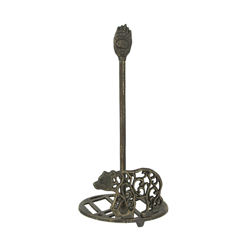 Bear-Themed Rustic Cast Iron Paper Towel Holder - Enhance Your Kitchen with Mountain Cabin Charm and Functional Style - Easy