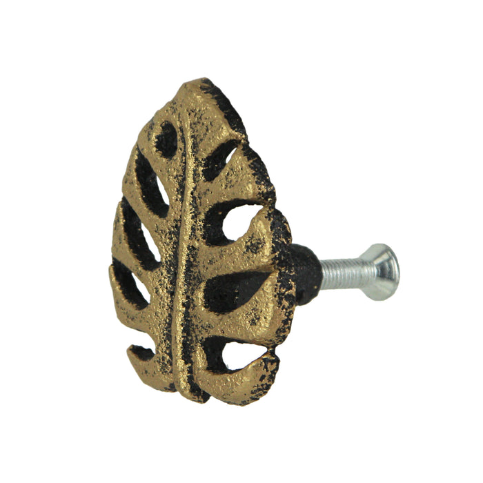 Gold - Image 2 - Set of 6 Gold Finish Cast Iron Monstera Leaf Drawer Pulls: Decorative Cabinet Knobs  - Tropical Elegance For