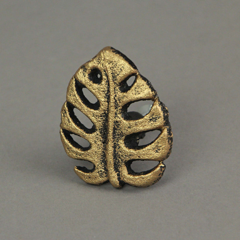 Gold - Image 4 - Set of 6 Gold Finish Cast Iron Monstera Leaf Drawer Pulls: Decorative Cabinet Knobs  - Tropical Elegance For