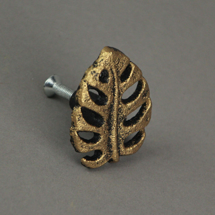 Gold - Image 5 - Set of 6 Gold Finish Cast Iron Monstera Leaf Drawer Pulls: Decorative Cabinet Knobs  - Tropical Elegance For