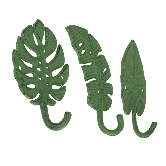 Green - Image 2 - Set of 3 Cast Iron Green Tropical Leaf Decorative Wall Hooks - Functional and Stylish - 6 Inches High -