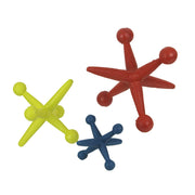 Vibrant Set of 3 Red, Blue, and Yellow Enamel-Painted Cast Iron Oversized Toy Jack Accent Sculptures - Nostalgic Charm Meets