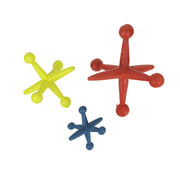 Vibrant Set of 3 Red, Blue, and Yellow Enamel-Painted Cast Iron Oversized Toy Jack Accent Sculptures - Nostalgic Charm Meets