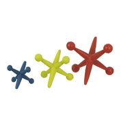 Vibrant Set of 3 Red, Blue, and Yellow Enamel-Painted Cast Iron Oversized Toy Jack Accent Sculptures - Nostalgic Charm Meets