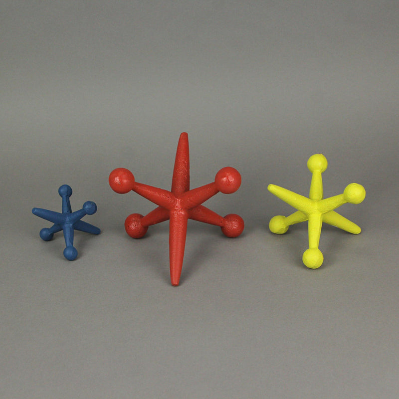 Vibrant Set of 3 Red, Blue, and Yellow Enamel-Painted Cast Iron Oversized Toy Jack Accent Sculptures - Nostalgic Charm Meets