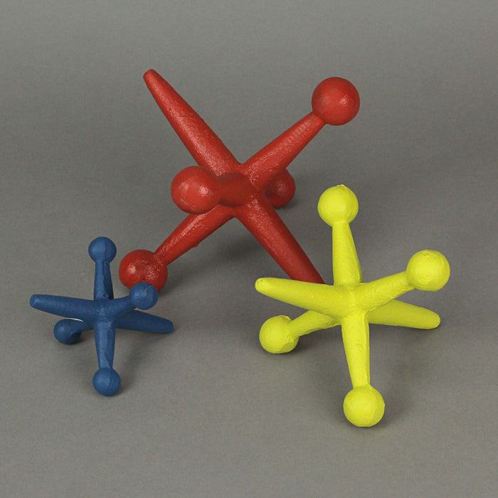 Vibrant Set of 3 Red, Blue, and Yellow Enamel-Painted Cast Iron Oversized Toy Jack Accent Sculptures - Nostalgic Charm Meets