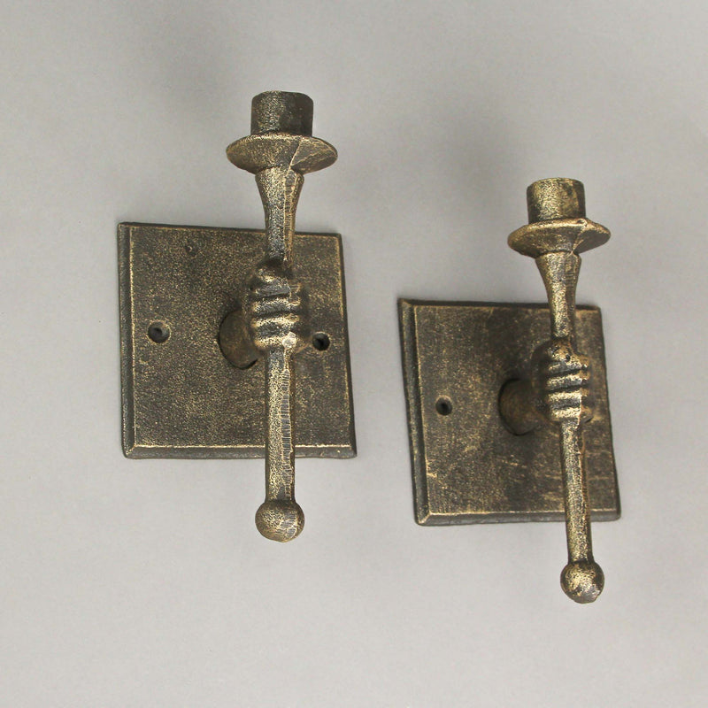 Set of 2 Antique Bronze Finish Cast Iron Torchbearer Hand Wall Sconce Candle Holders: Rustic Charm for Western Décor - 8