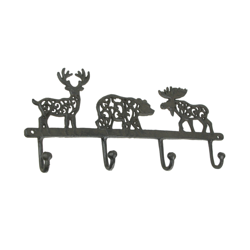 Wilderness Charm - Rustic Brown Cast Iron Moose, Bear, and Deer Wall Mounted Hook Rack - Cabin or Lodge Decor Accent - 13.75