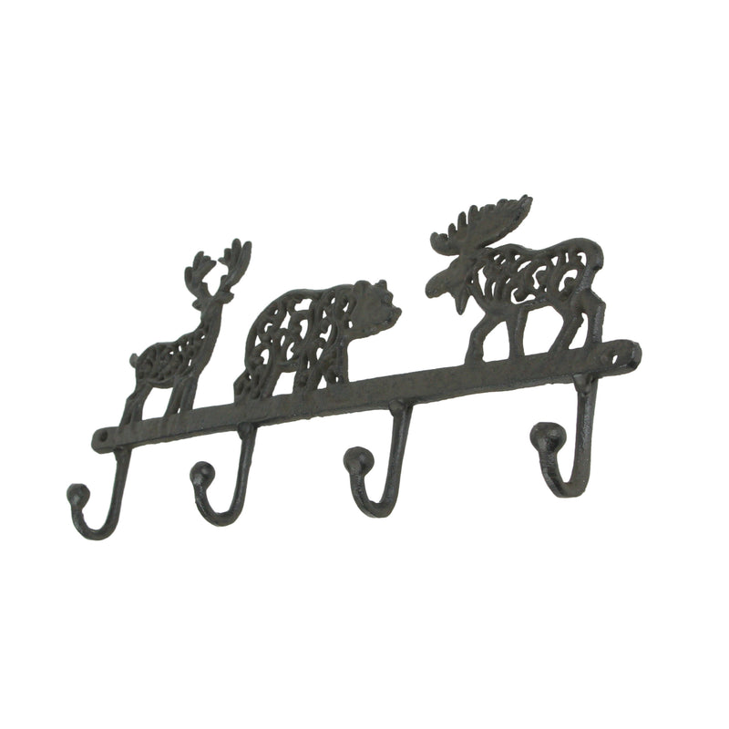 Wilderness Charm - Rustic Brown Cast Iron Moose, Bear, and Deer Wall Mounted Hook Rack - Cabin or Lodge Decor Accent - 13.75