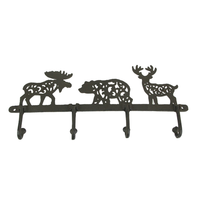 Wilderness Charm - Rustic Brown Cast Iron Moose, Bear, and Deer Wall Mounted Hook Rack - Cabin or Lodge Decor Accent - 13.75
