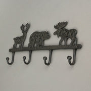 Wilderness Charm - Rustic Brown Cast Iron Moose, Bear, and Deer Wall Mounted Hook Rack - Cabin or Lodge Decor Accent - 13.75