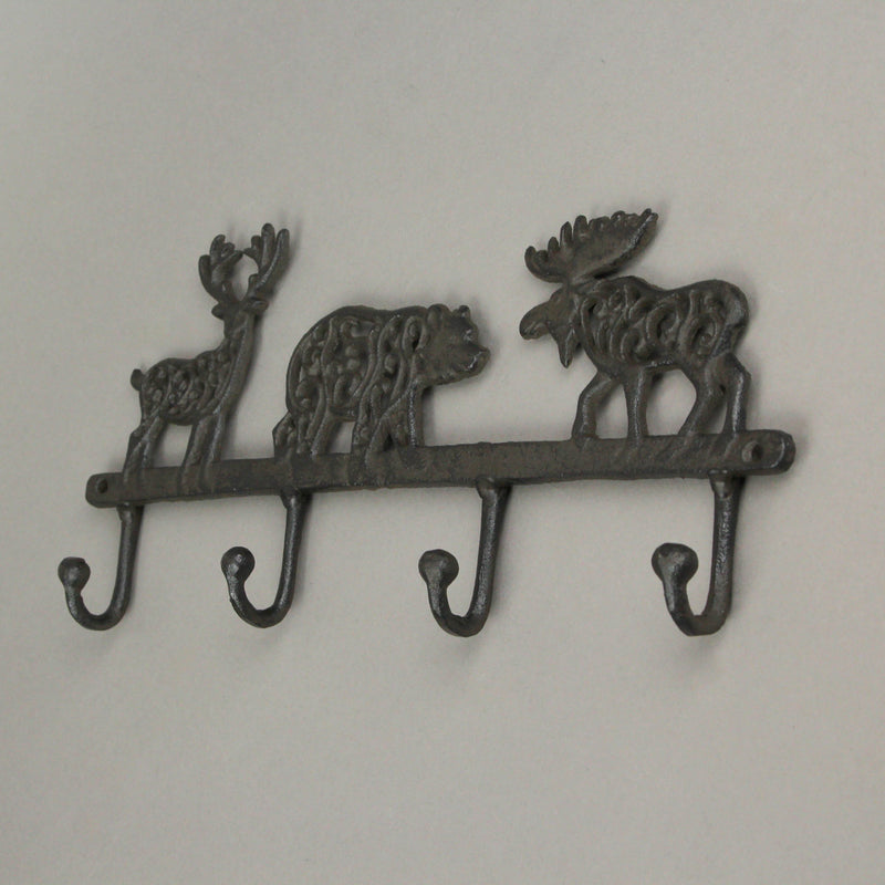 Wilderness Charm - Rustic Brown Cast Iron Moose, Bear, and Deer Wall Mounted Hook Rack - Cabin or Lodge Decor Accent - 13.75