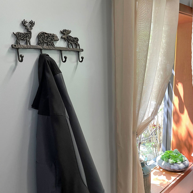 Wilderness Charm - Rustic Brown Cast Iron Moose, Bear, and Deer Wall Mounted Hook Rack - Cabin or Lodge Decor Accent - 13.75
