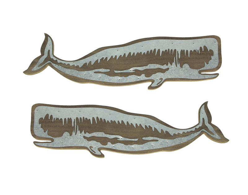 Set of 2 Majestic Sperm Whale Distressed Wooden Wall Hangings with Rustic Metal Accents - Perfect for Coastal Ocean-Themed