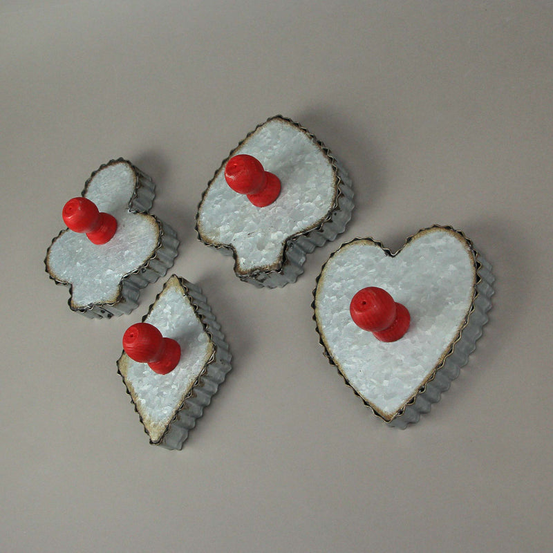Set of 4 Rustic Galvanized Zinc Finish Playing Card Suit Cookie Cutter Wall Hooks for Kitchens, Dining Rooms and Holiday Home