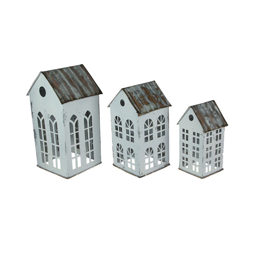 White - Image 1 - Enchanting Set of 3 Distressed White Metal House-Shaped Christmas Village Candle Holders: Rustic Farmhouse