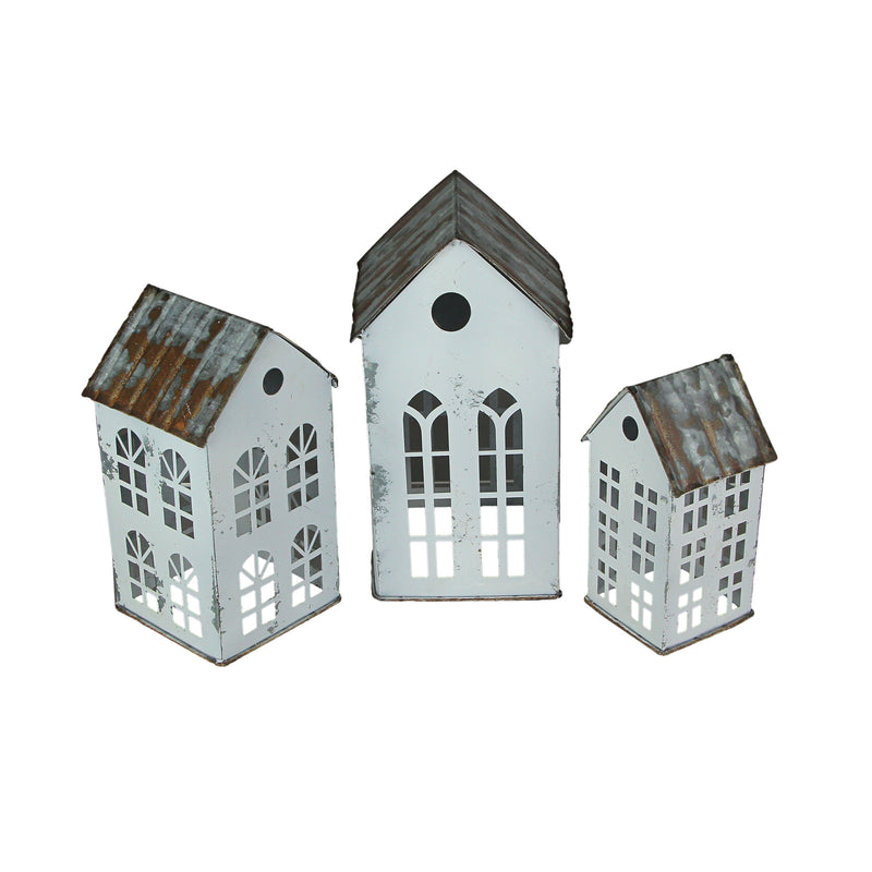 White - Image 2 - Enchanting Set of 3 Distressed White Metal House-Shaped Christmas Village Candle Holders: Rustic Farmhouse